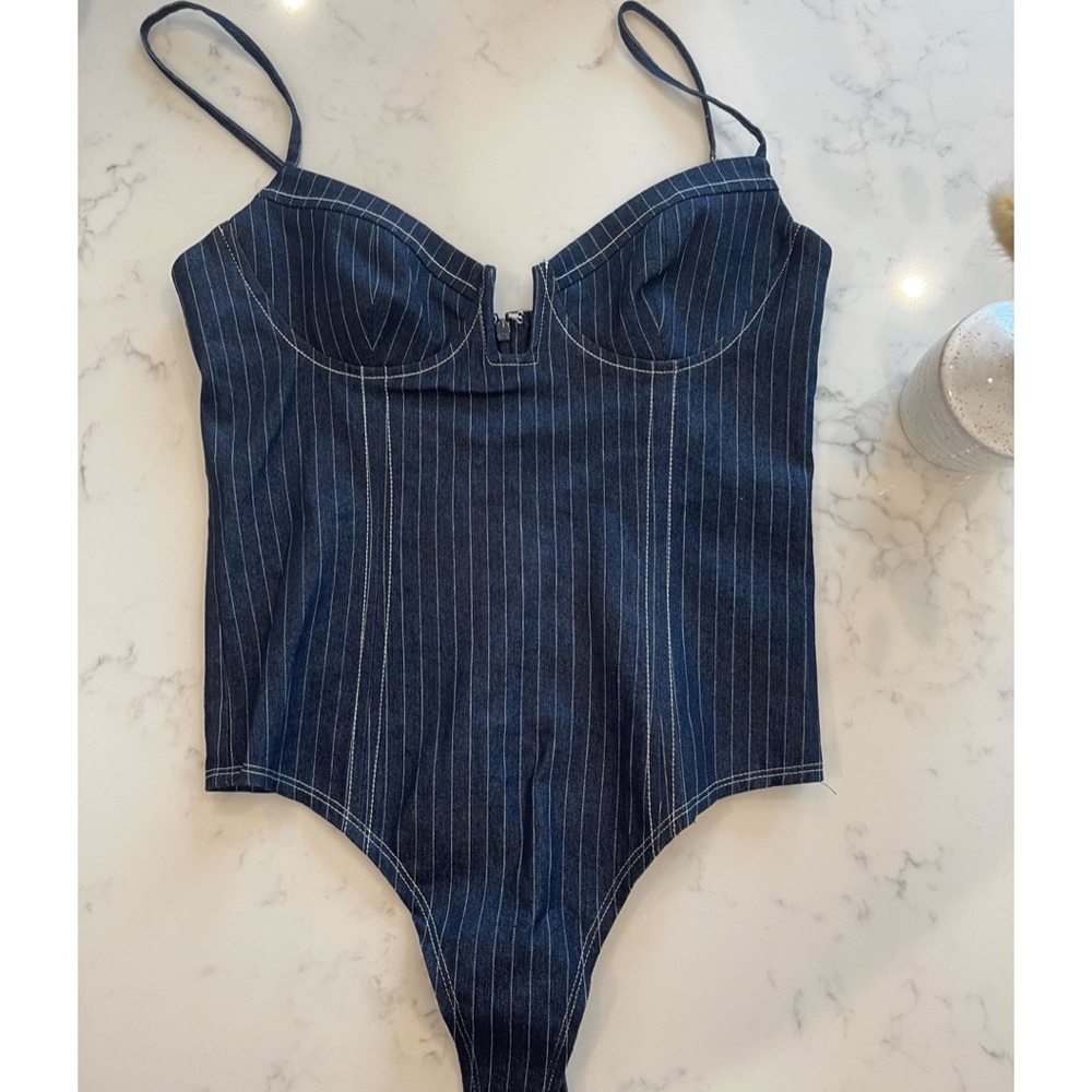 Lovers + Friends Navy Pinstripe Bodysuit